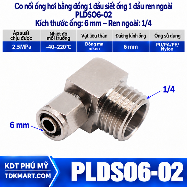 Co nối ống hơi bằng đồng 1 đầu siết ống 6 mm 1 đầu ren ngoài 1/4