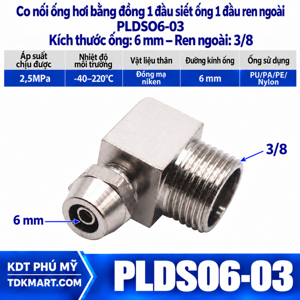 Co nối ống hơi bằng đồng 1 đầu siết ống 6 mm 1 đầu ren ngoài 3/8