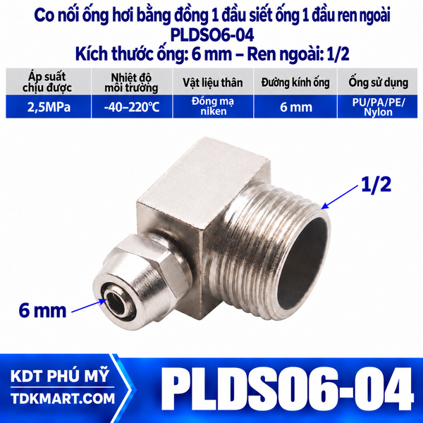 Co nối ống hơi bằng đồng 1 đầu siết ống 6 mm 1 đầu ren ngoài 1/2