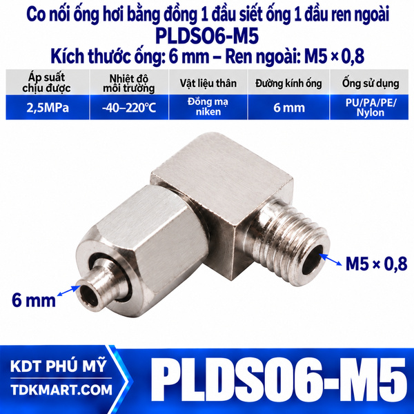 Co nối ống hơi bằng đồng 1 đầu siết ống 6 mm 1 đầu ren ngoài M5