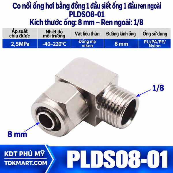 Co nối ống hơi bằng đồng 1 đầu siết ống 8 mm 1 đầu ren ngoài 1/8
