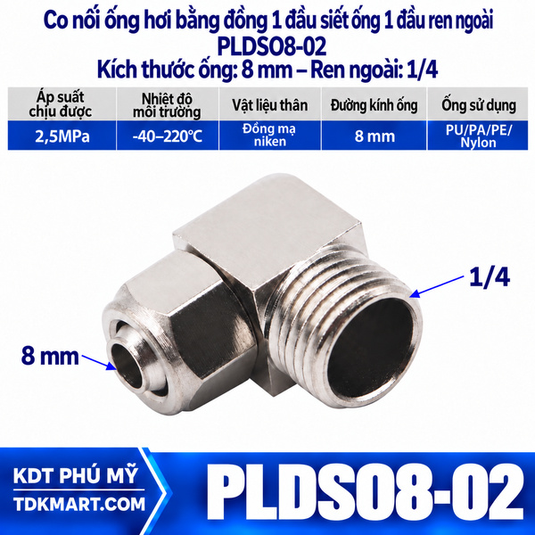 Co nối ống hơi bằng đồng 1 đầu siết ống 8 mm 1 đầu ren ngoài 1/4