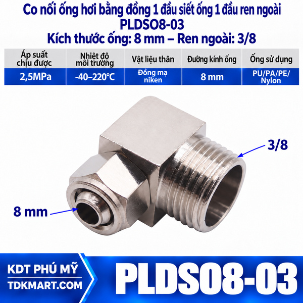 Co nối ống hơi bằng đồng 1 đầu siết ống 8 mm 1 đầu ren ngoài 3/8