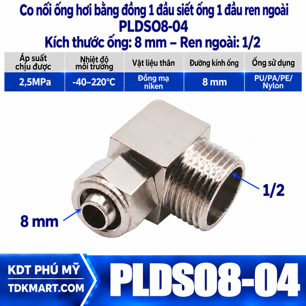 Co nối ống hơi bằng đồng 1 đầu siết ống 8 mm 1 đầu ren ngoài 1/2