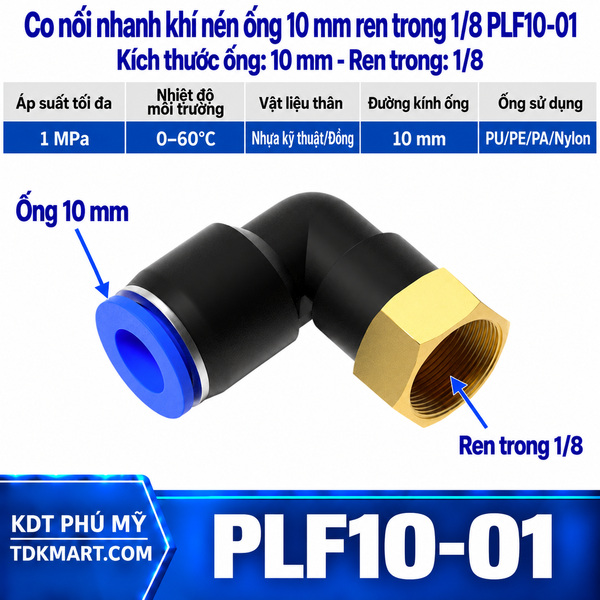 Co nối nhanh khí nén 1 đầu ghim ống 10 mm và 1 đầu ren trong 1/8