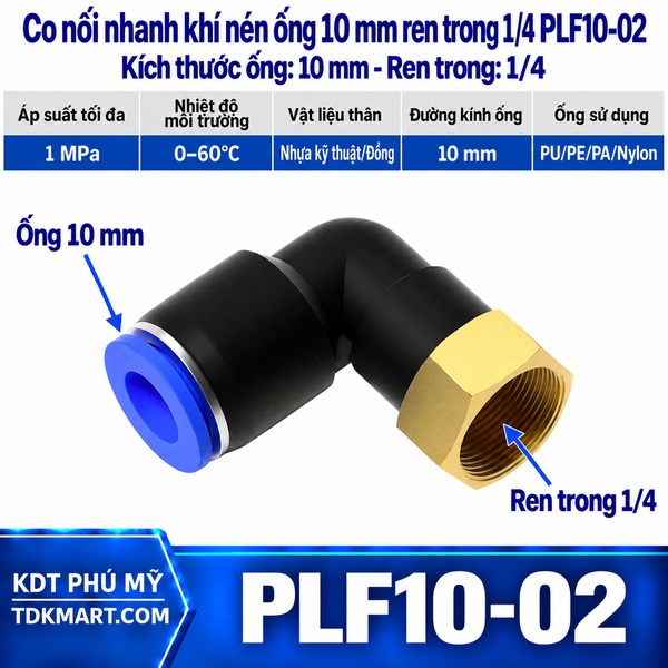 Co nối nhanh khí nén 1 đầu ghim ống 10 mm và 1 đầu ren trong 1/4