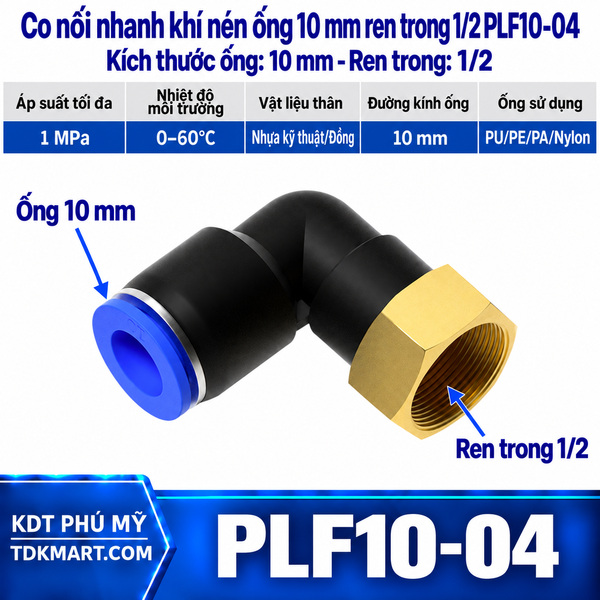 Co nối nhanh khí nén 1 đầu ghim ống 10 mm và 1 đầu ren trong 1/2