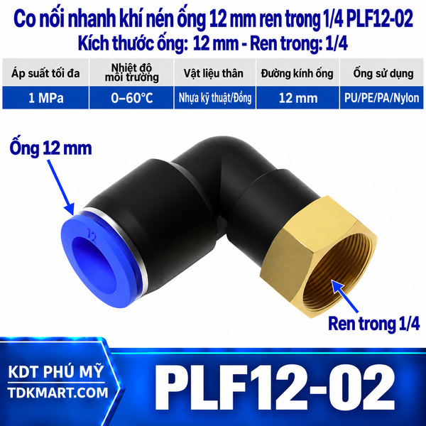 Co nối nhanh khí nén 1 đầu ghim ống 12 mm và 1 đầu ren trong 1/4