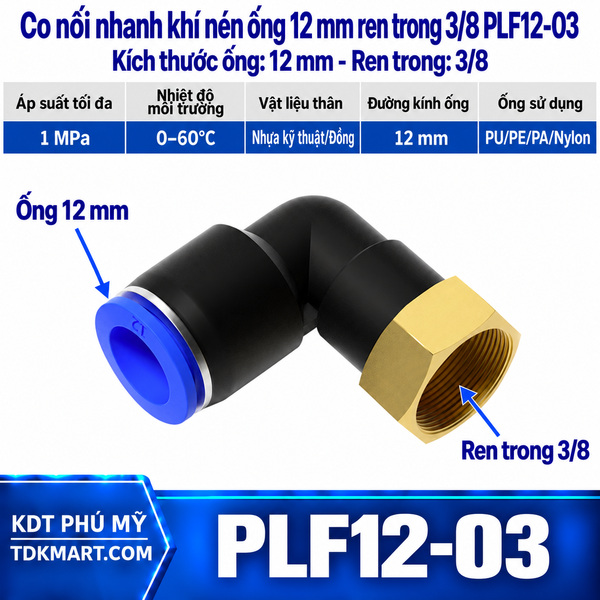 Co nối nhanh khí nén 1 đầu ghim ống 12 mm và 1 đầu ren trong 3/8