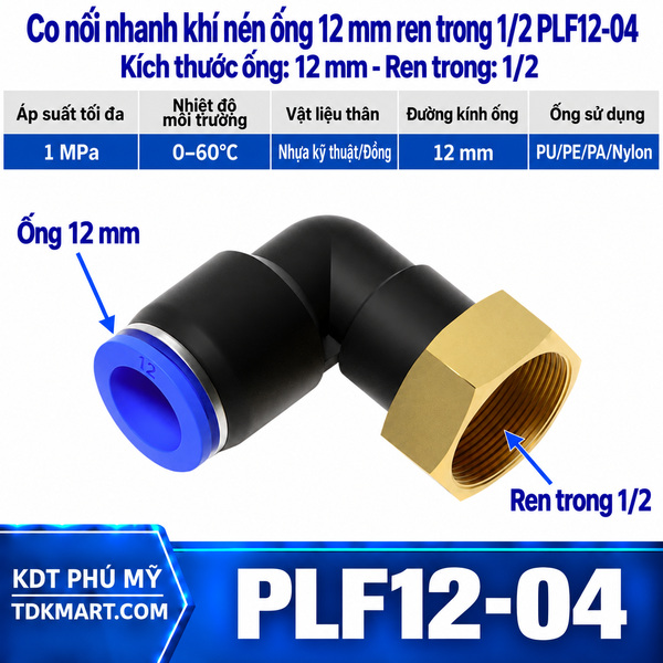Co nối nhanh khí nén 1 đầu ghim ống 12 mm và 1 đầu ren trong 1/2