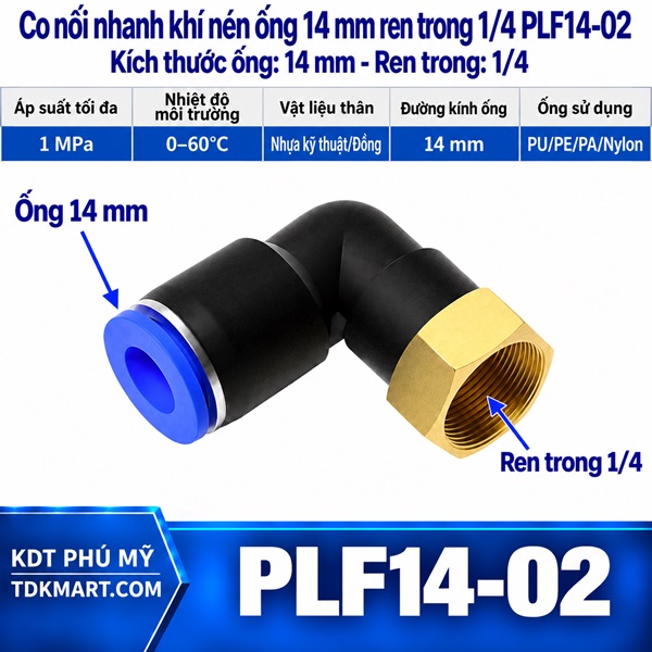 Co nối nhanh khí nén 1 đầu ghim ống 14 mm và 1 đầu ren trong 1/4
