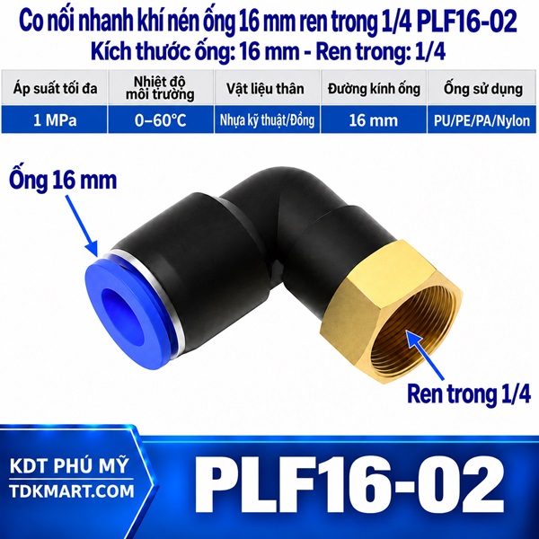 Co nối nhanh khí nén 1 đầu ghim ống 16 mm và 1 đầu ren trong 1/4