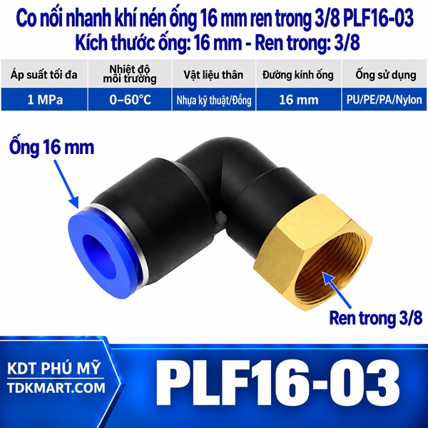 Co nối nhanh khí nén 1 đầu ghim ống 16 mm và 1 đầu ren trong 3/8