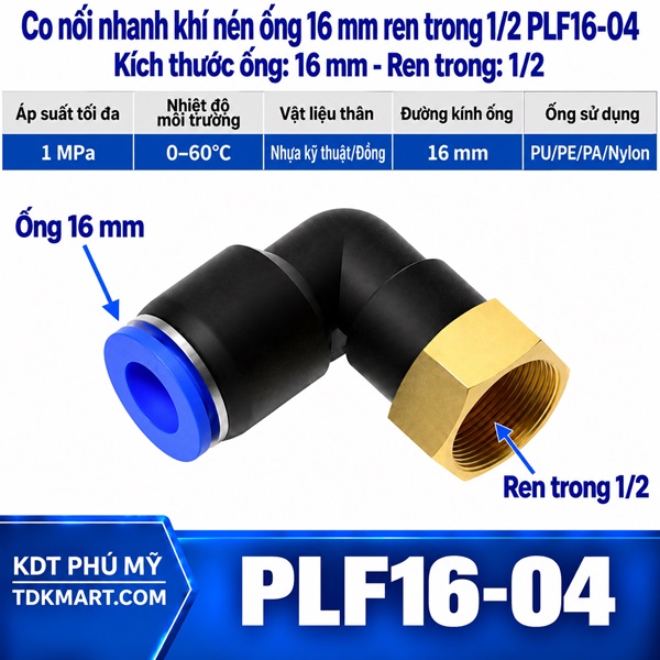 Co nối nhanh khí nén 1 đầu ghim ống 16 mm và 1 đầu ren trong 1/2