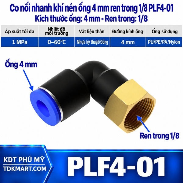 Co nối nhanh khí nén 1 đầu ghim ống 4 mm và 1 đầu ren trong 1/8