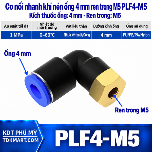 Co nối nhanh khí nén 1 đầu ghim ống 4 mm và 1 đầu ren trong M5