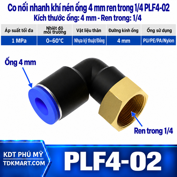 Co nối nhanh khí nén 1 đầu ghim ống 4 mm và 1 đầu ren trong 1/4