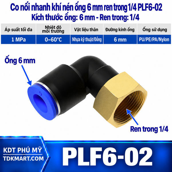 Co nối nhanh khí nén 1 đầu ghim ống 6 mm và 1 đầu ren trong 1/4