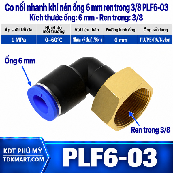 Co nối nhanh khí nén 1 đầu ghim ống 6 mm và 1 đầu ren trong 3/8