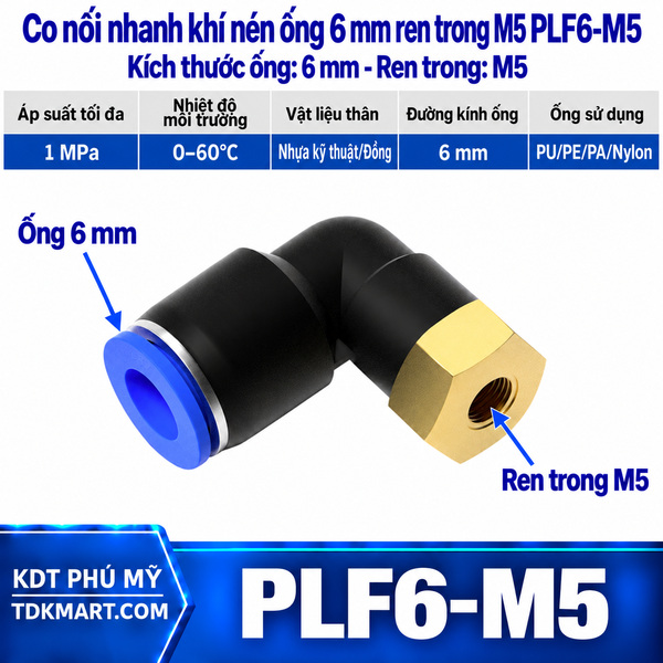 Co nối nhanh khí nén 1 đầu ghim ống 6 mm và 1 đầu ren trong M5