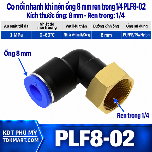 Co nối nhanh khí nén 1 đầu ghim ống 8 mm và 1 đầu ren trong 1/4
