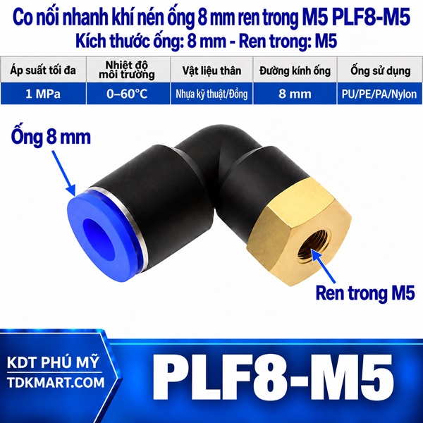 Co nối nhanh khí nén 1 đầu ghim ống 8 mm và 1 đầu ren trong M5