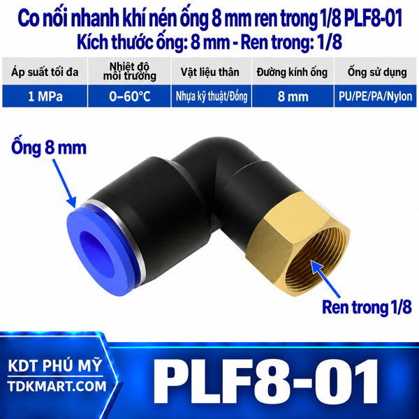 Co nối nhanh khí nén 1 đầu ghim ống 8 mm và 1 đầu ren trong 1/8