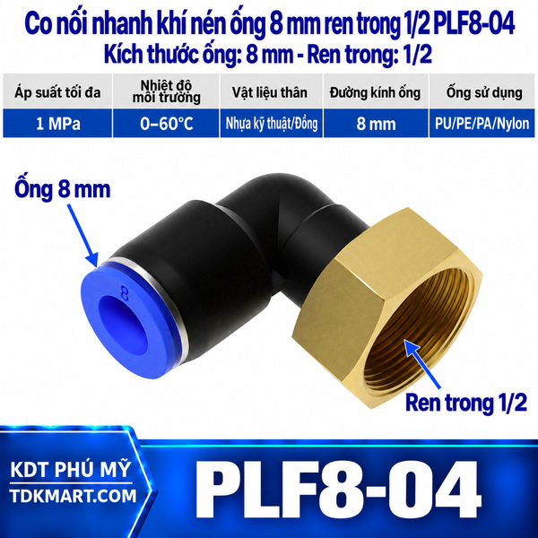 Co nối nhanh khí nén 1 đầu ghim ống 8 mm và 1 đầu ren trong 1/2