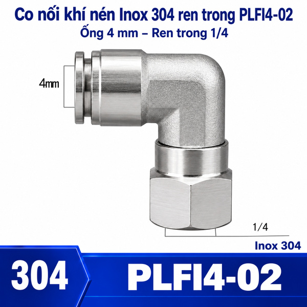 Co nối nhanh khí nén Inox 304 1 đầu ghim ống phi 4mm – 1 đầu ren trong 1/4