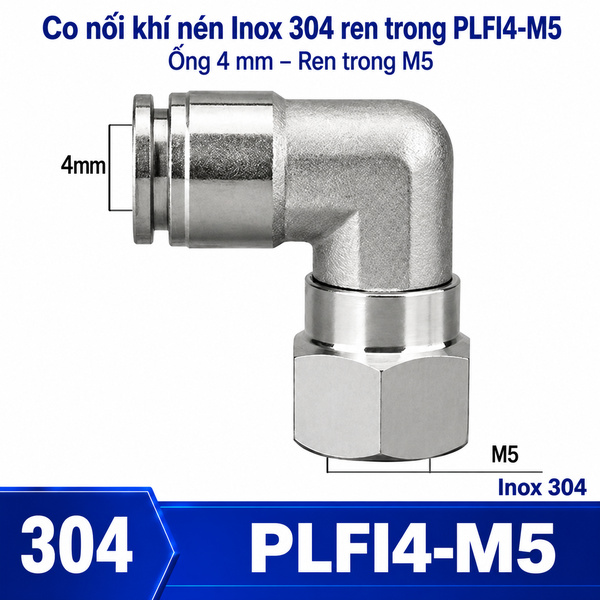 Co nối nhanh khí nén Inox 304 1 đầu ghim ống 4 mm – 1 đầu ren trong M5