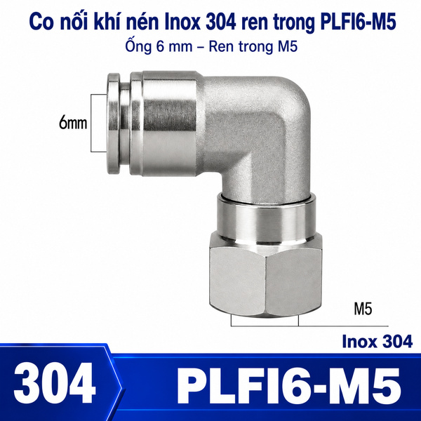 Co nối nhanh khí nén Inox 304 1 đầu ghim ống phi 6mm – 1 đầu ren trong M5