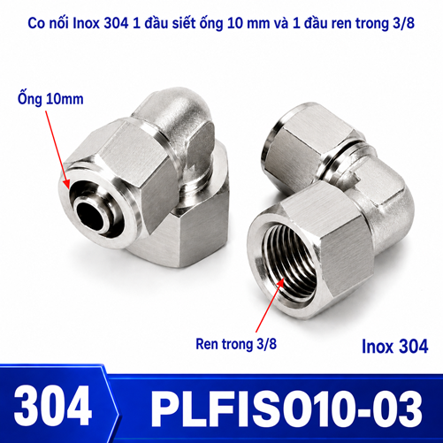 Co nối thép không rỉ Inox 304 có 1 đầu siết ống 10 và 1 đầu ren trong 3/8