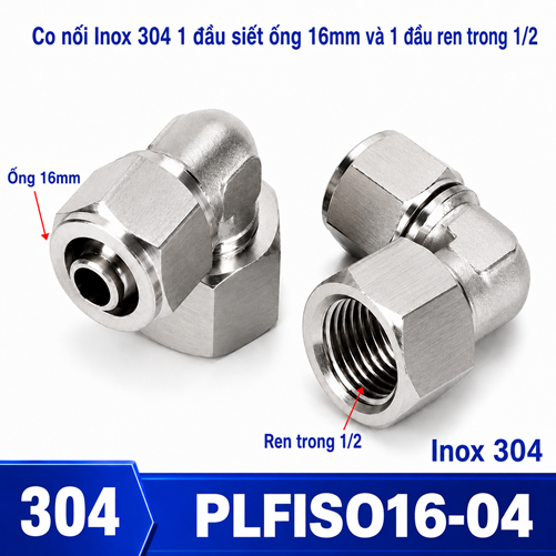 Co nối thép không rỉ Inox 304 có 1 đầu siết ống 16 và 1 đầu ren trong 1/2