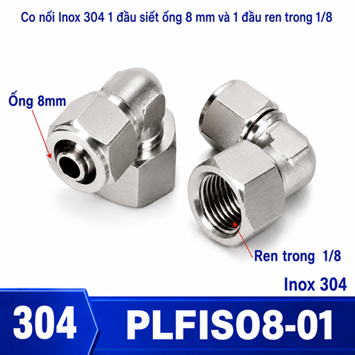 Co nối thép không rỉ Inox 304 có 1 đầu siết ống 8 và 1 đầu ren trong 1/8