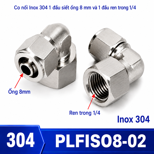 Co nối thép không rỉ Inox 304 có 1 đầu siết ống 8 và 1 đầu ren trong 1/4