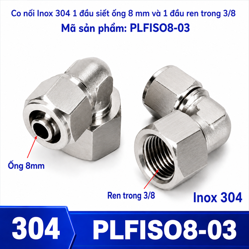 Co nối thép không rỉ Inox 304 có 1 đầu siết ống 8 và 1 đầu ren trong 3/8