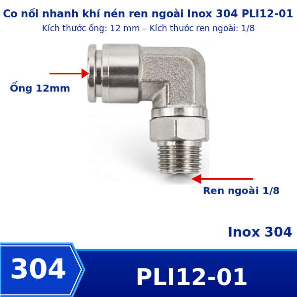 Co nối nhanh khí nén Inox 304 ghim ống 12 mm ren ngoài 1/8