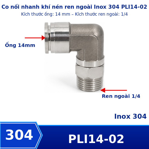 Co nối nhanh Inox ống 14 - Ren ngoài 1/4 =12.7mm