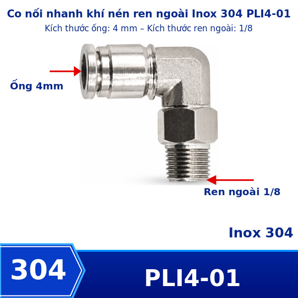 Co nối nhanh Inox ống 4 - Ren ngoài 1/8 =9.6mm
