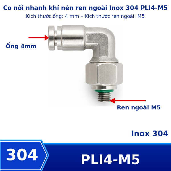 Co nối nhanh Inox ống 4 - Ren ngoài M5