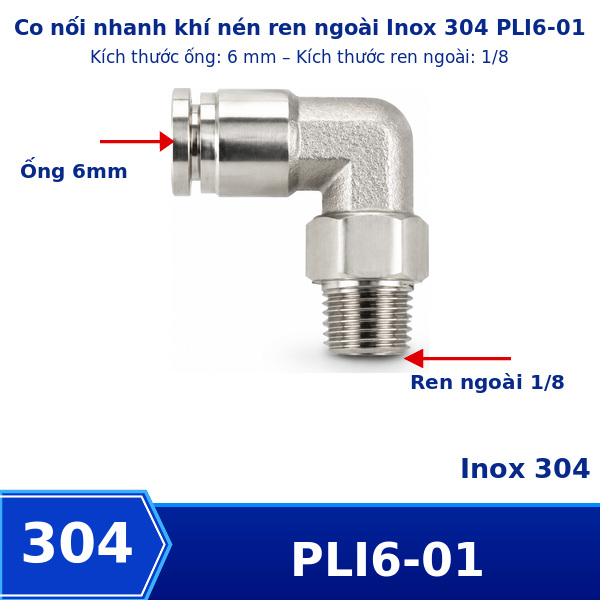 Co nối nhanh Inox ống 6 - Ren ngoài 1/8 =9.6mm