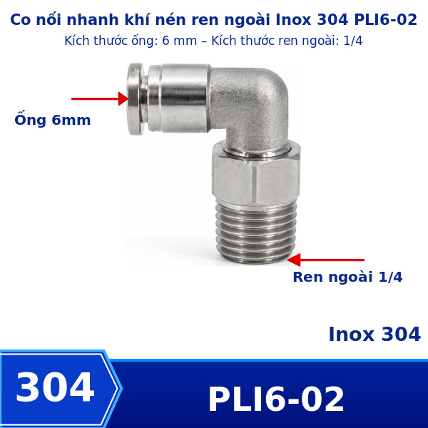 Co nối nhanh Inox ống 6 - Ren ngoài 1/4 =12.7mm