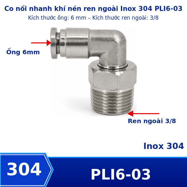 Co nối nhanh Inox ống 6 - Ren ngoài 3/8 =16.7mm