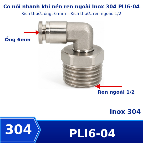 Co nối nhanh Inox ống 6 - Ren ngoài 1/2 =21mm