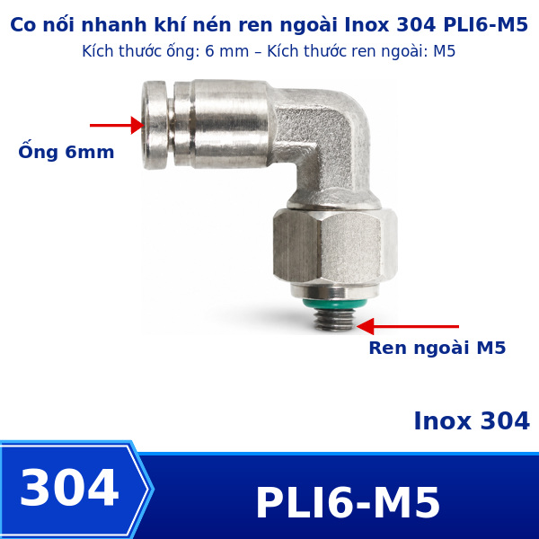 Co nối nhanh khí nén Inox 304 ghim ống 6 mm ren ngoài M5