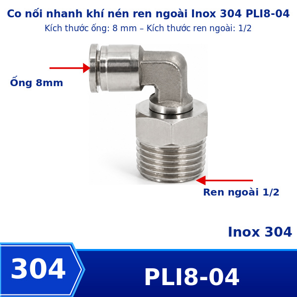 Co nối nhanh Inox ống 8 - Ren ngoài 1/2 =21mm