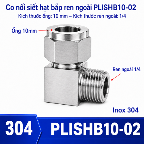 Co nối thép không rỉ Inox 304 có 1 đầu siết hạt bắp ống 10 và 1 đầu ren ngoài 1/4