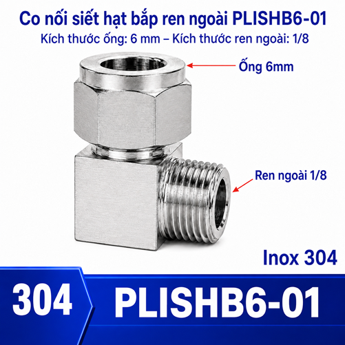 Co nối thép không rỉ Inox 304 có 1 đầu siết hạt bắp ống 6 và 1 đầu ren ngoài 1/8