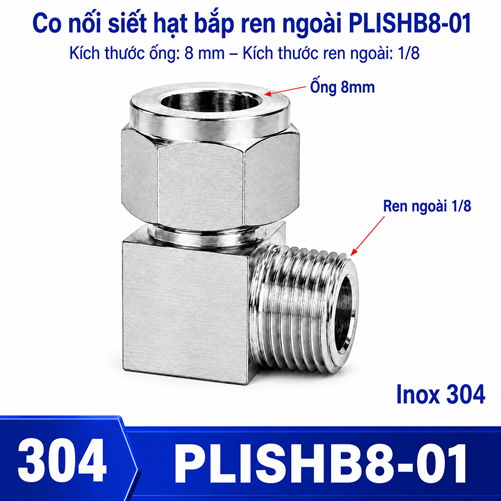 Co nối thép không rỉ Inox 304 có 1 đầu siết hạt bắp ống 8 và 1 đầu ren ngoài 1/8