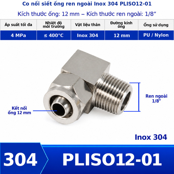 Co nối khí nén Inox 304 siết ống 12 mm ren ngoài 1/8